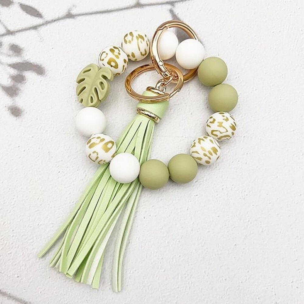 Tropical Elegant Tassel and Silicone Beaded Leaf Bangle Bracelet Key Chain Charm